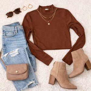Altar’d State Brown Ribbed Mock Neck Long Sleeve Crop Top Size S